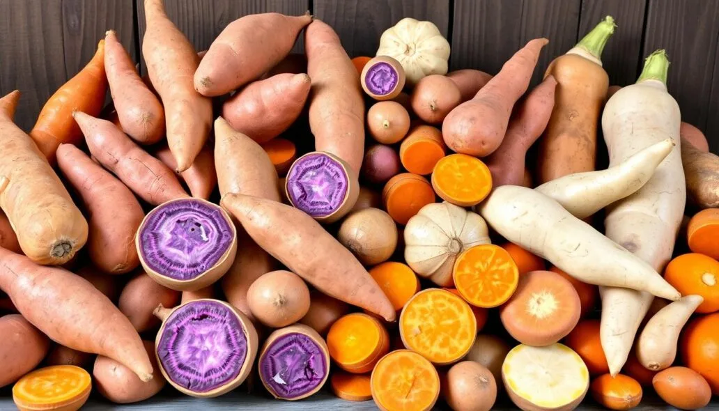 An artistic arrangement of various types of sweet potatoes and yams displayed on a rustic wooden background. The assortment includes orange, white, and tan sweet potatoes, with some sliced open to showcase their vibrant interiors. The scene is natural and warm, highlighting the textures and earthy tones of the vegetables.
