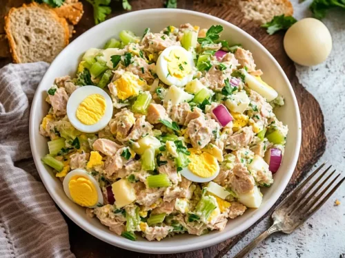tuna egg salad sandwich recipe vibrant and fresh plate of tuna and egg salad, beautifully arranged on a rustic wooden surface. The dish features chunks of tuna mixed with creamy mayonnaise, finely chopped celery, and onions, topped with slices of boiled egg. Garnished with fresh herbs like parsley or dill. The salad is served in a white bowl, accompanied by slices of crusty bread or crackers on the side. The background includes a textured napkin, a fork, and hints of fresh vegetables like lettuce or cherry tomatoes, adding a pop of color. Bright, natural lighting emphasizes the freshness and appeal of the dish.