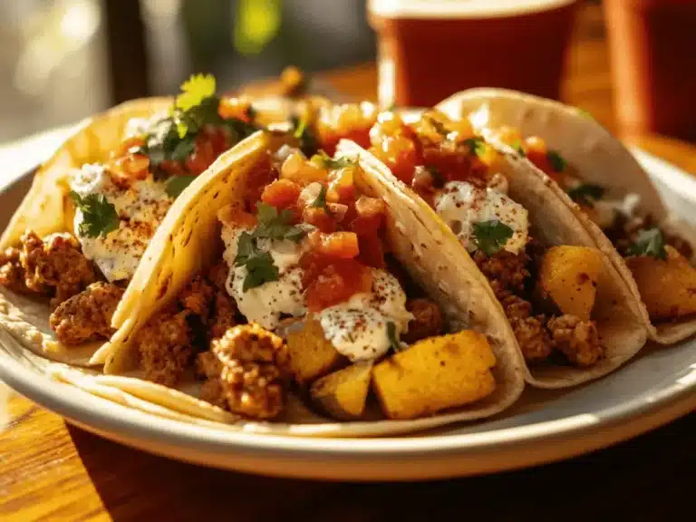 A plate of authentic Mexican breakfast tacos filled with scrambled eggs, chorizo, crispy potatoes, and topped with salsa and queso fresco, served on a wooden table.