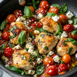 A vibrant one-pan Mediterranean chicken dish with feta, tomatoes, and fresh basil.