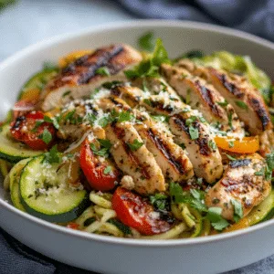 Healthy chicken pasta dish featuring spiralized zucchini noodles, grilled chicken slices, and roasted vegetables, topped with fresh herbs and Parmesan,