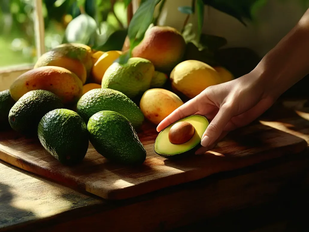 Hand pressing on an avocado to test for ripeness, with mangoes and avocados on a cutting board