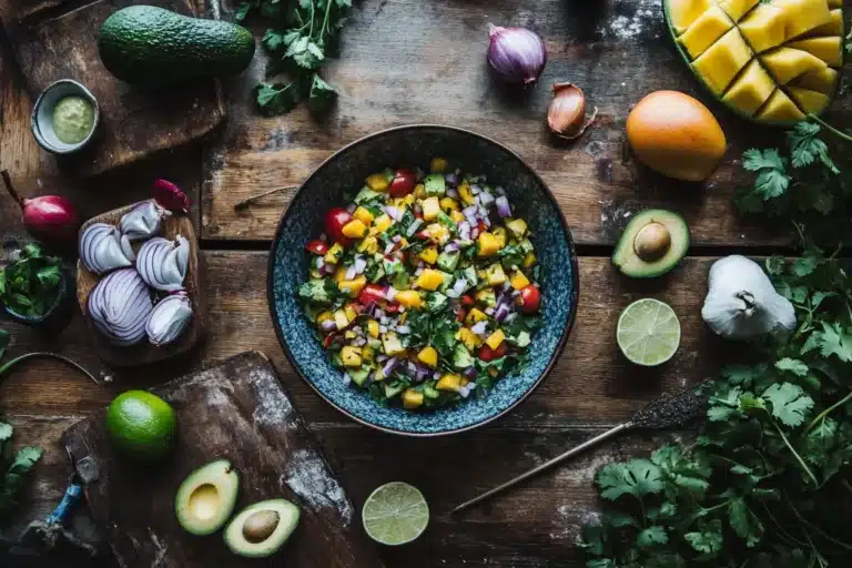 Top-down view of a colorful mango avocado salsa surrounded by fresh produce