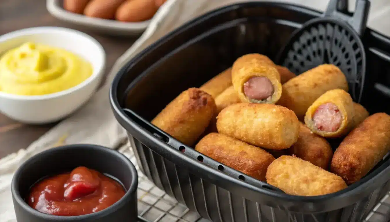 Crispy mini corn dogs in air fryer with dipping sauce