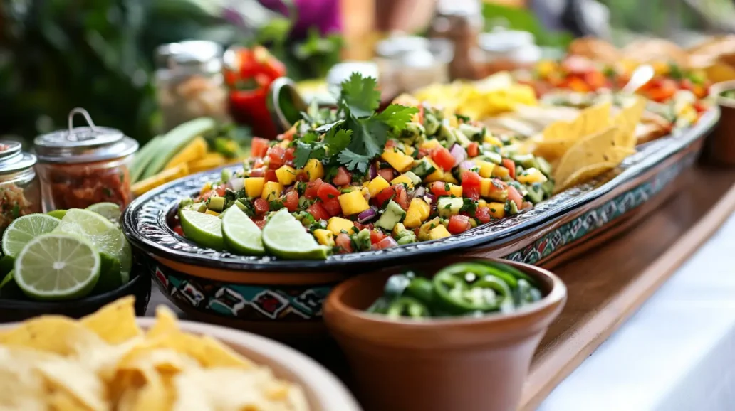 Platter of mango avocado salsa garnished with cilantro and lime, surrounded by chips and possible protein pairings