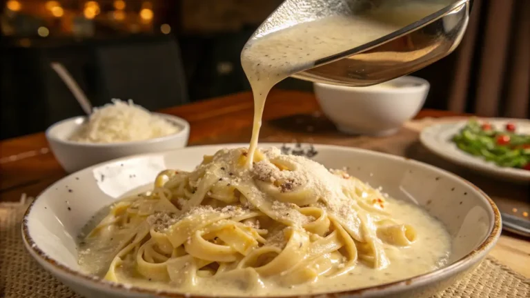 Creamy Alfredo sauce poured over fettuccine pasta