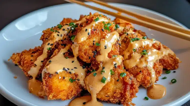 crispy Bang Bang Chicken, coated in golden breadcrumbs,