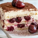 Cherry tiramisu slice with layers of cherries, mascarpone, and cocoa powder.