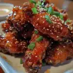 Chinese honey garlic chicken wings glazed with a sticky sauce