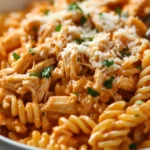 Crockpot Garlic Parmesan Chicken Pasta in a creamy parmesan sauce, garnished with parsley.