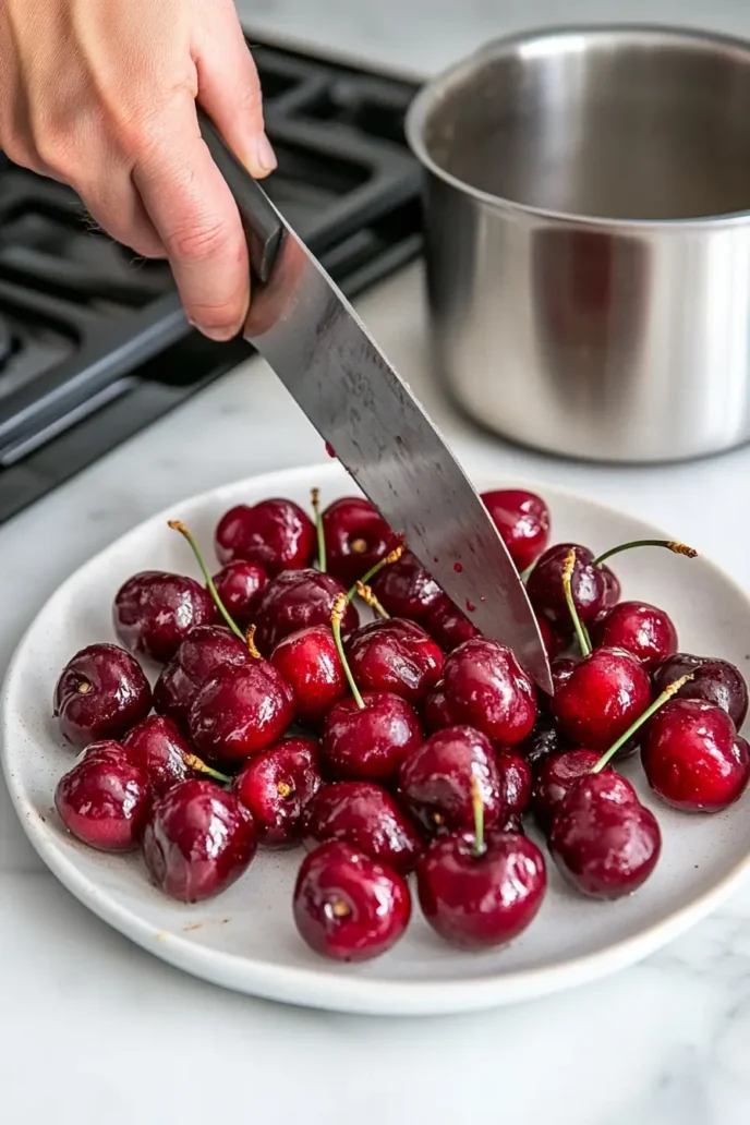Chopping fresh cherries on a marble countertop for cherry soaking syrup.