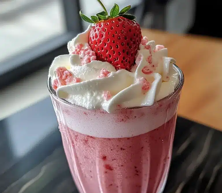 Refreshing homemade strawberry cream soda topped with whipped cream.