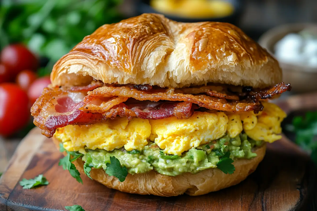 Breakfast Sandwich with eggs, bacon, and guacamole on a croissant