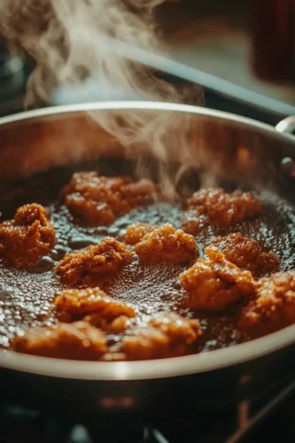 Golden-brown crispy chicken pieces frying in a pan with bubbling hot oil.