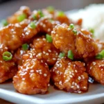 Crispy Chinese Honey Garlic Chicken plated with sesame seeds and green onions, served with jasmine rice.