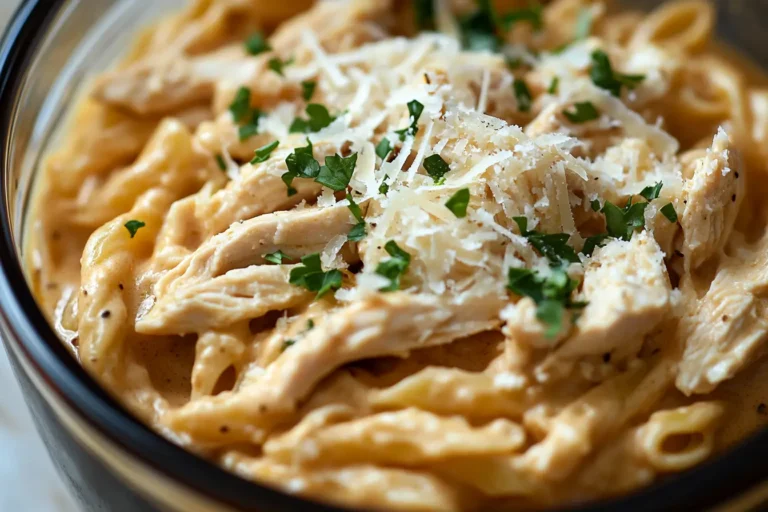 Crockpot Garlic Parmesan Chicken Pasta in a creamy sauce.