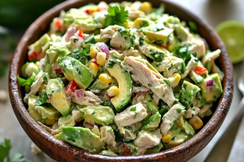 Avocado Chicken Salad served in a rustic bowl with avocado, chicken, corn, and cilantro