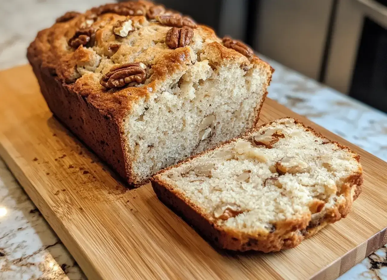 Freshly baked banana nut bread with a golden crust, sliced on a wooden board, showcasing its moist texture and nutty topping