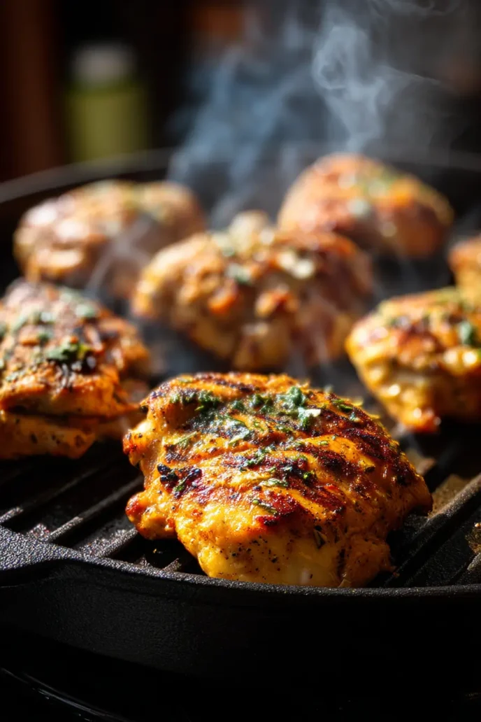 Chicken thighs grilling with spices and herbs