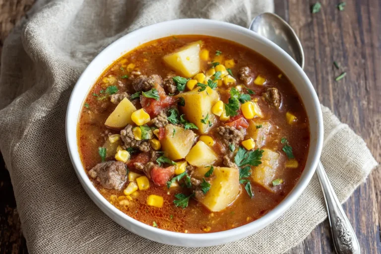 Hearty ground beef and potato stew in a rustic bowl