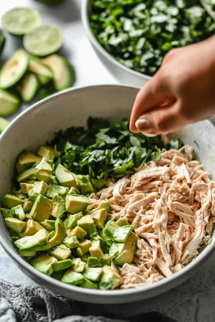 Step-by-step making of avocado chicken salad with fresh ingredients in mixing bowl