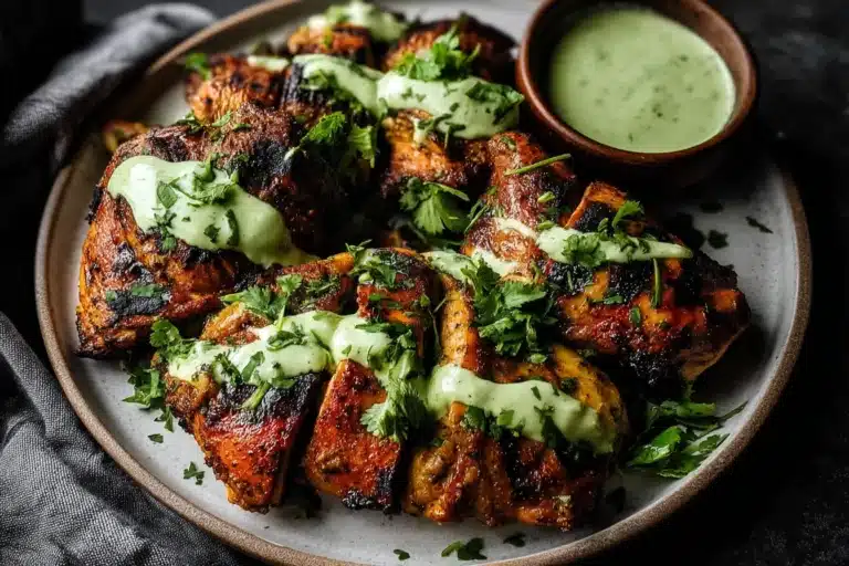 Peruvian grilled chicken with creamy green sauce on plate