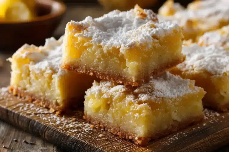 Pineapple Bliss Bars freshly baked and dusted with powdered sugar