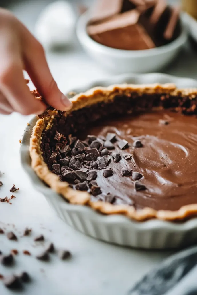 Chocolate cookie crust being prepared