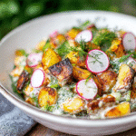 Crispy potato salad with smashed potatoes and dill in white bowl