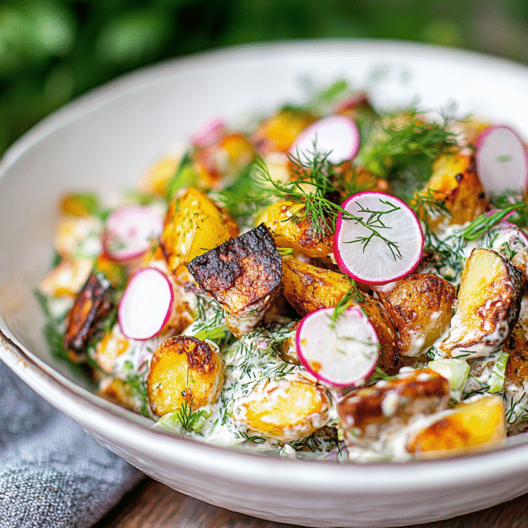 Crispy potato salad with smashed potatoes and dill in white bowl