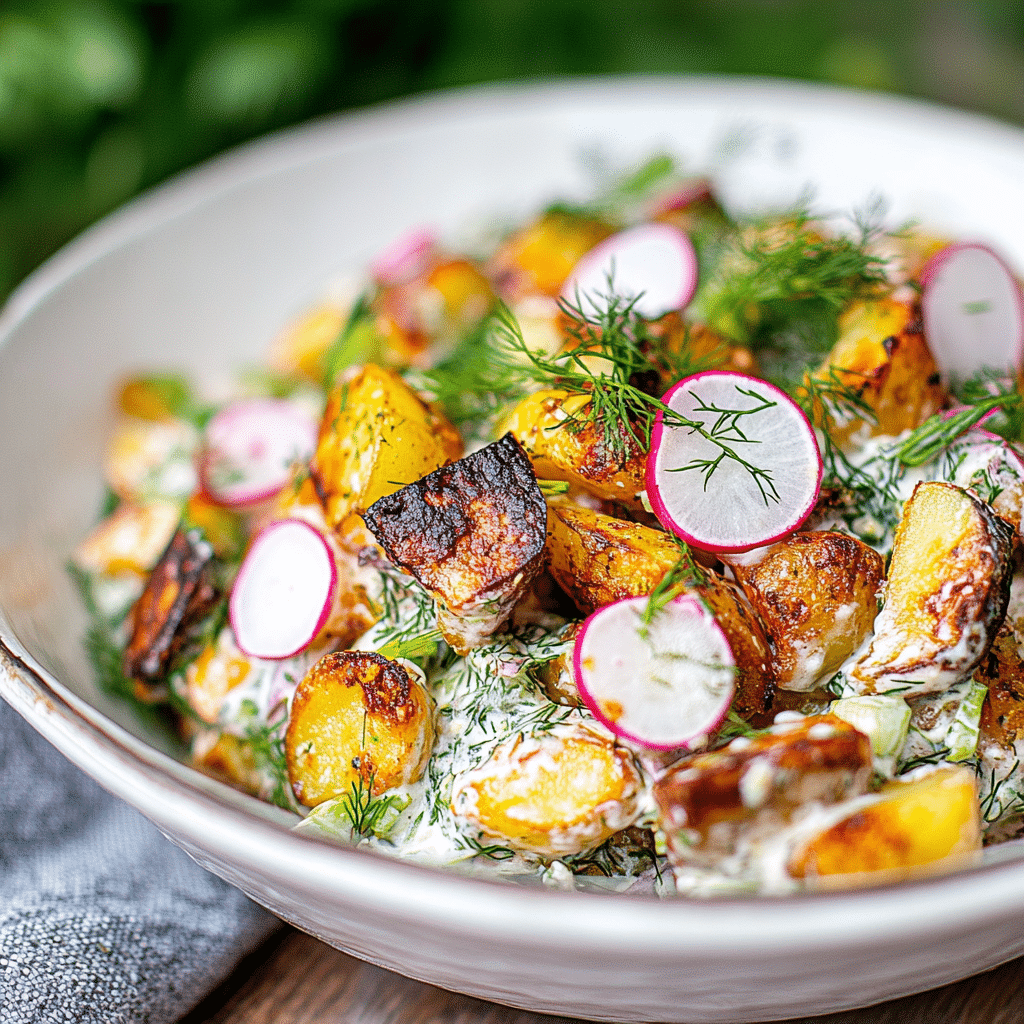 Crispy potato salad with smashed potatoes and dill in white bowl