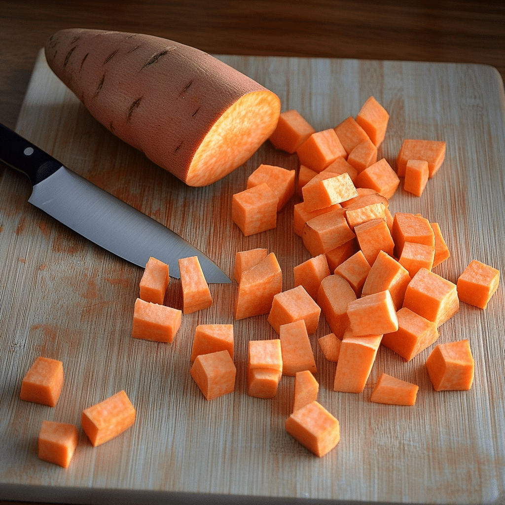 Step-by-Step Cutting Sweet Potatoes Neatly diced sweet potatoes scattered on a wooden cutting board, ready for cooking.