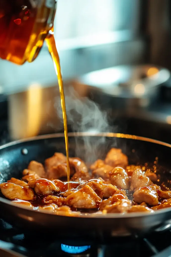 Teriyaki sauce pouring into chicken pan