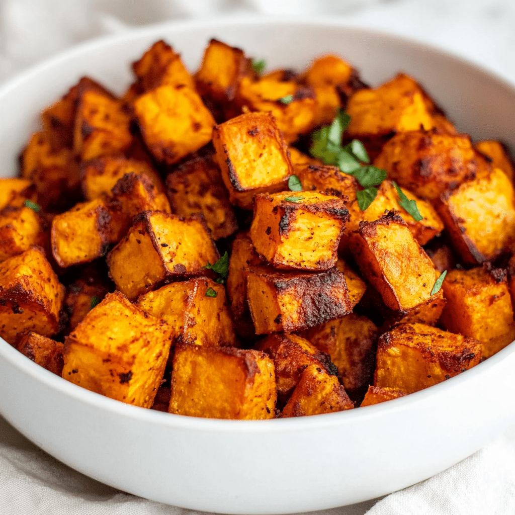Crispy air fryer sweet potato cubes in a white bowl