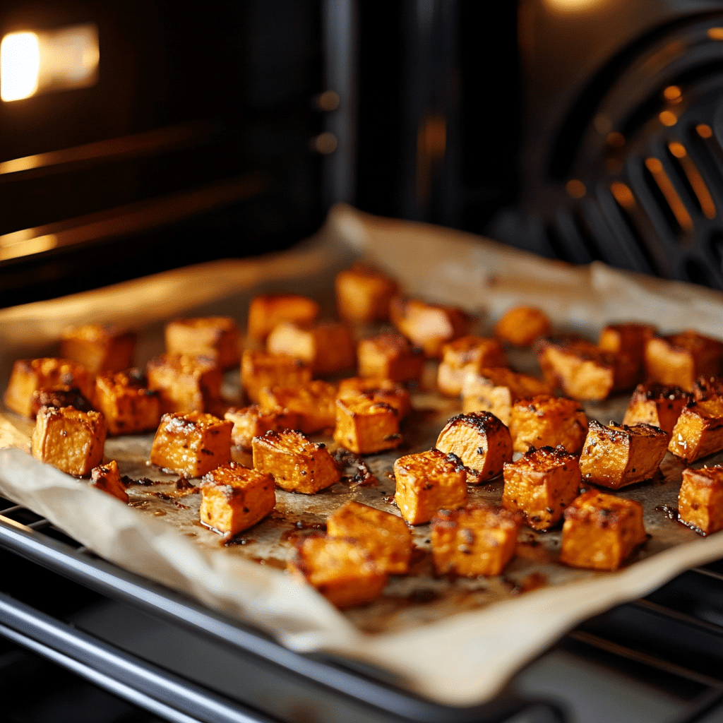 bake Sweet potato Sweet potatoes roasting in oven