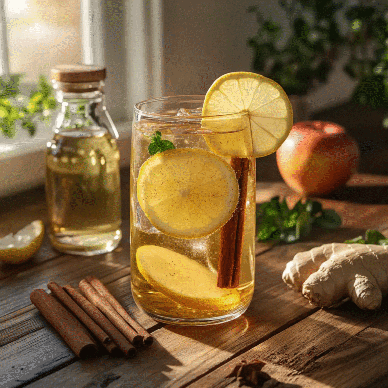 Brazilian apple cider vinegar detox drink in a tall glass with lemon and cinnamon