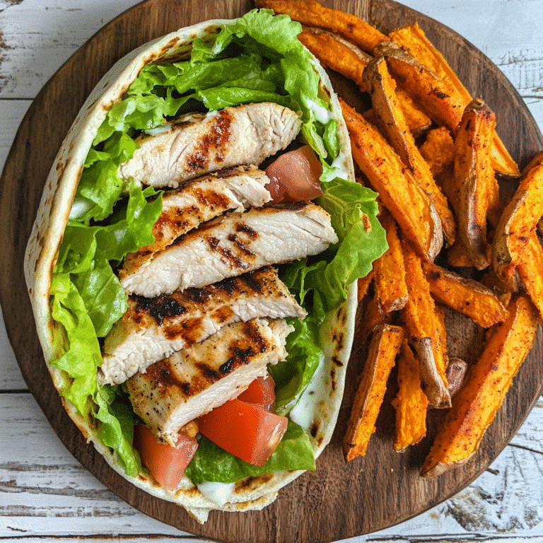 Buffalo chicken wrap and sweet potato fries served on a wooden plate