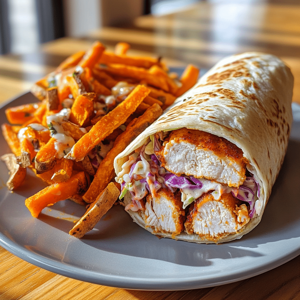 Buffalo chicken wrap and sweet potato fries served on a wooden plate