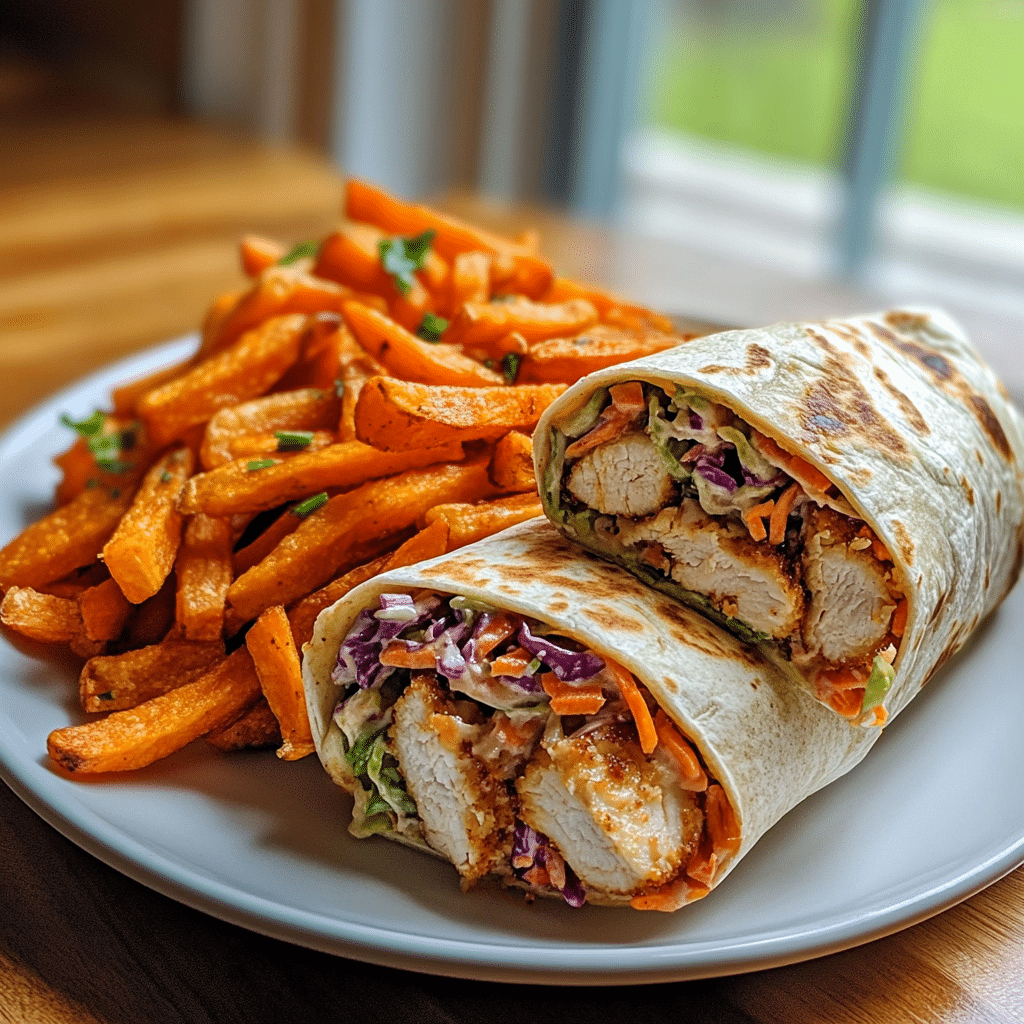 buffalo-wrap-fries-coleslaw-final-plate Buffalo chicken wrap, sweet potato fries, and coleslaw plated together