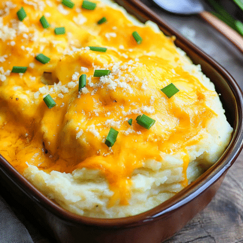 Cheesy baked mashed potatoes with golden top fresh from the oven