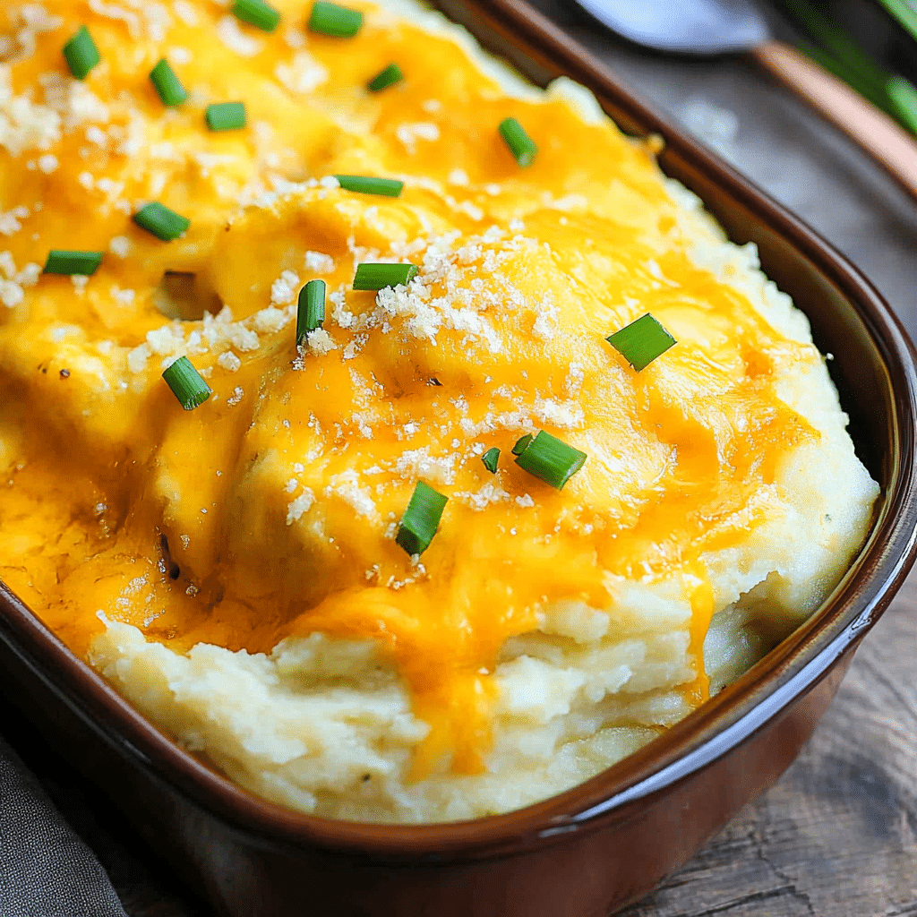 Cheesy baked mashed potatoes with golden top fresh from the oven