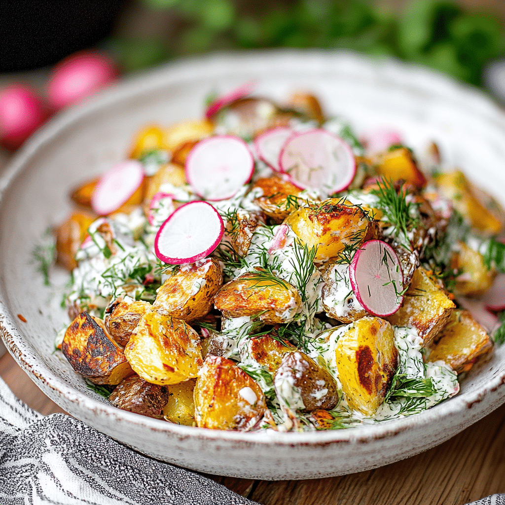 crispy-potato-salad-featured Crispy potato salad with smashed potatoes in white bowl