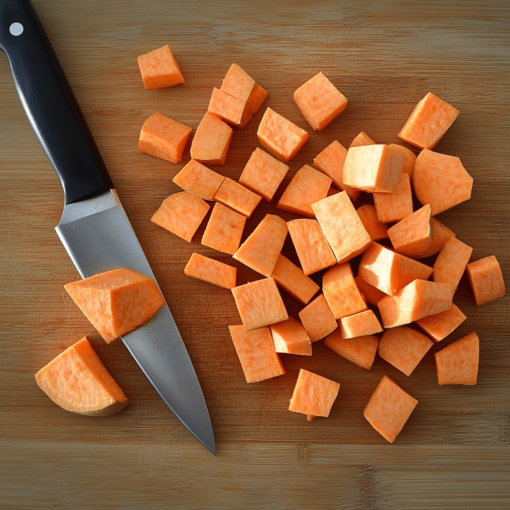 cutting-sweet-potatoes-step-by-step Sweet potato being sliced into cubes with a chef’s knife on a wooden cutting board.