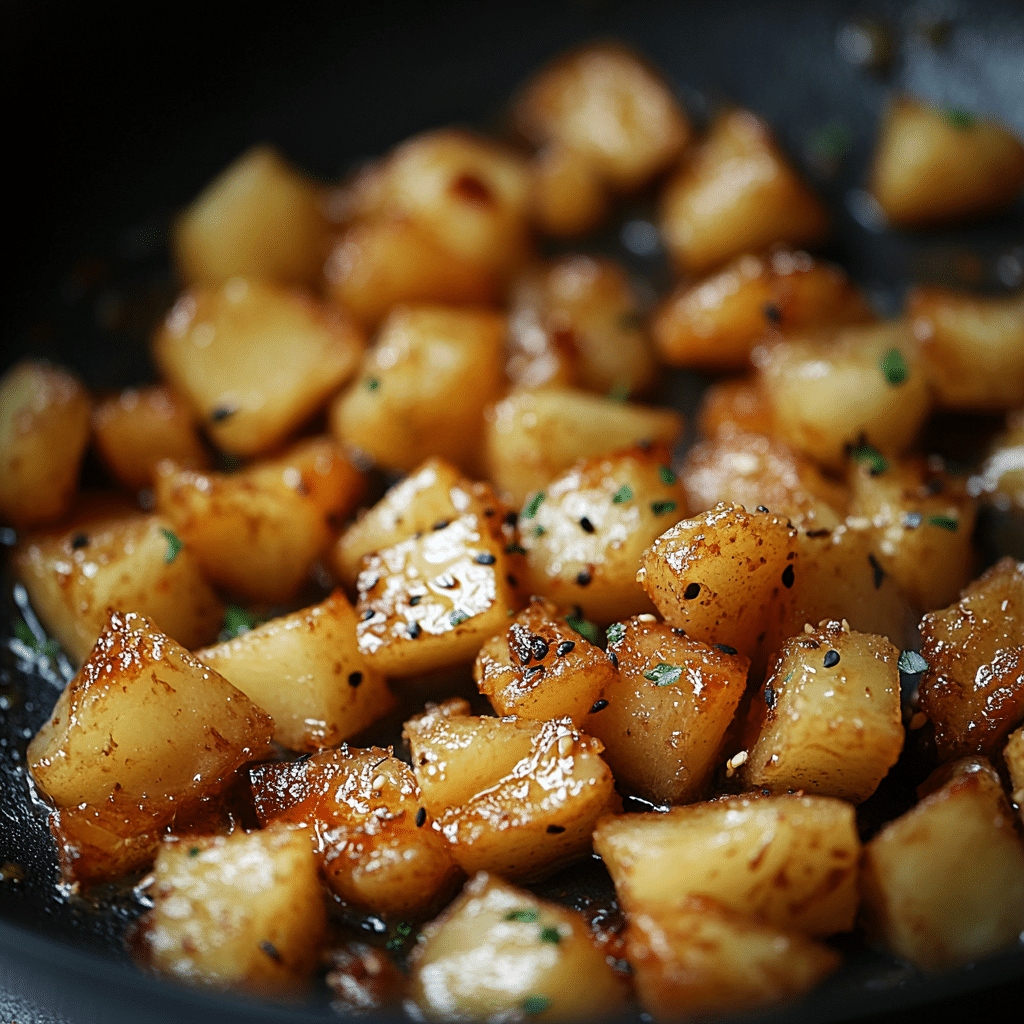 frying-potatoes-for-rice Golden potatoes frying in skillet for potato fried rice