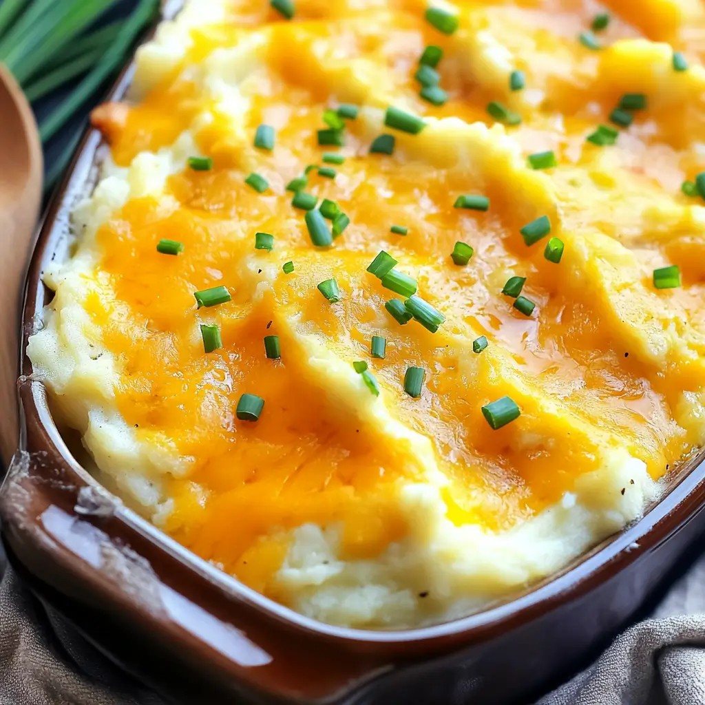 golden-cheesy-top-broiled-potatoes Broiled cheesy mashed potato casserole with golden top and chives
