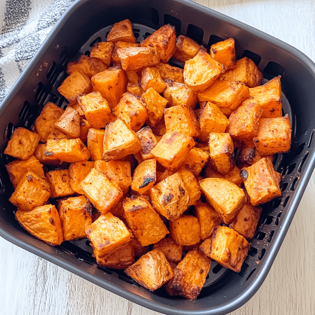 golden sweet potato Shaking sweet potato cubes in air fryer