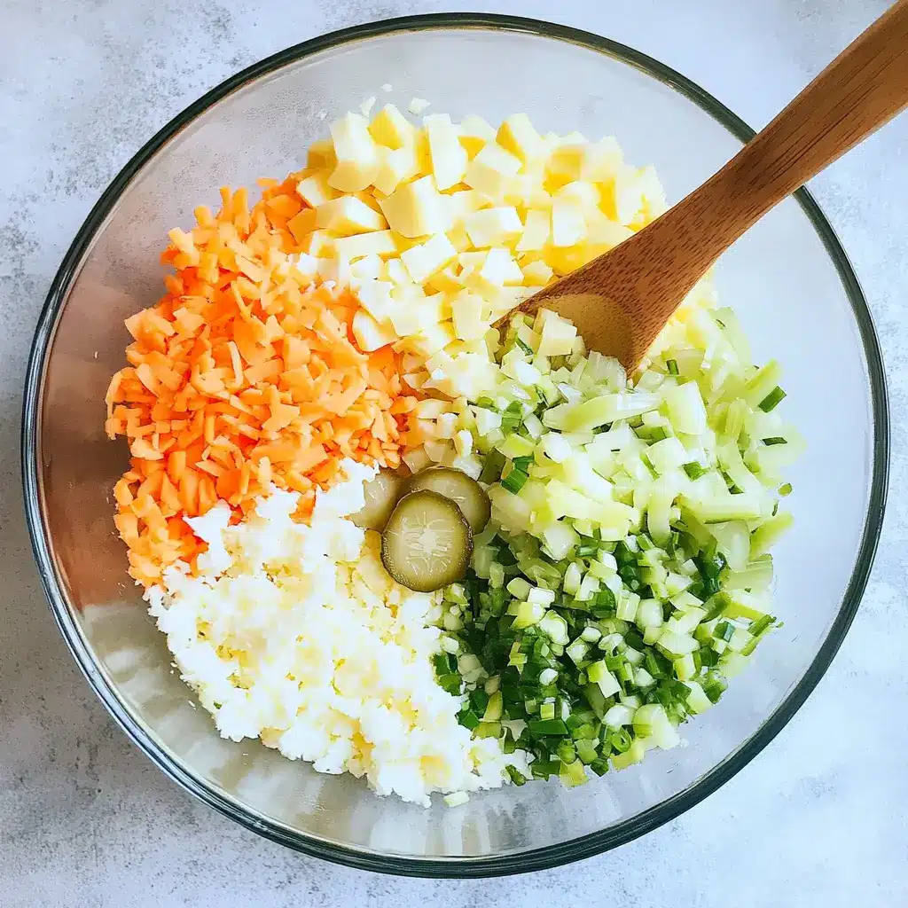 Ingredients for Hellmann’s potato salad in a glass mixing bowl