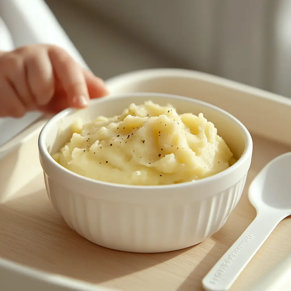 Creamy infant mashed potatoes in baby bowl