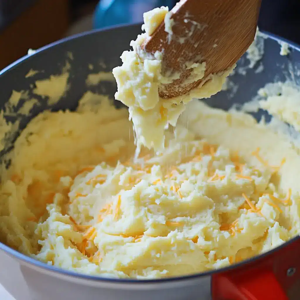 mashing-creamy-cheesy-potatoes Mixing mashed potatoes with cheese and sour cream in a pot