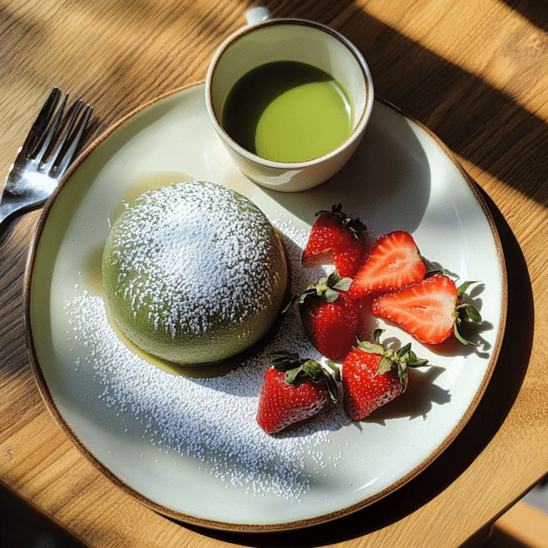 Matcha White Chocolate Mochi Cake on plate